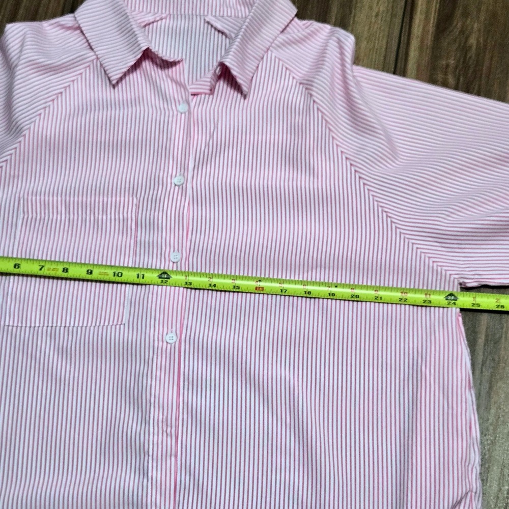 Pink White Striped Button Down Tunic Shirt Smocked Cuffs Relaxed Fit Top XL - Picture 7 of 9